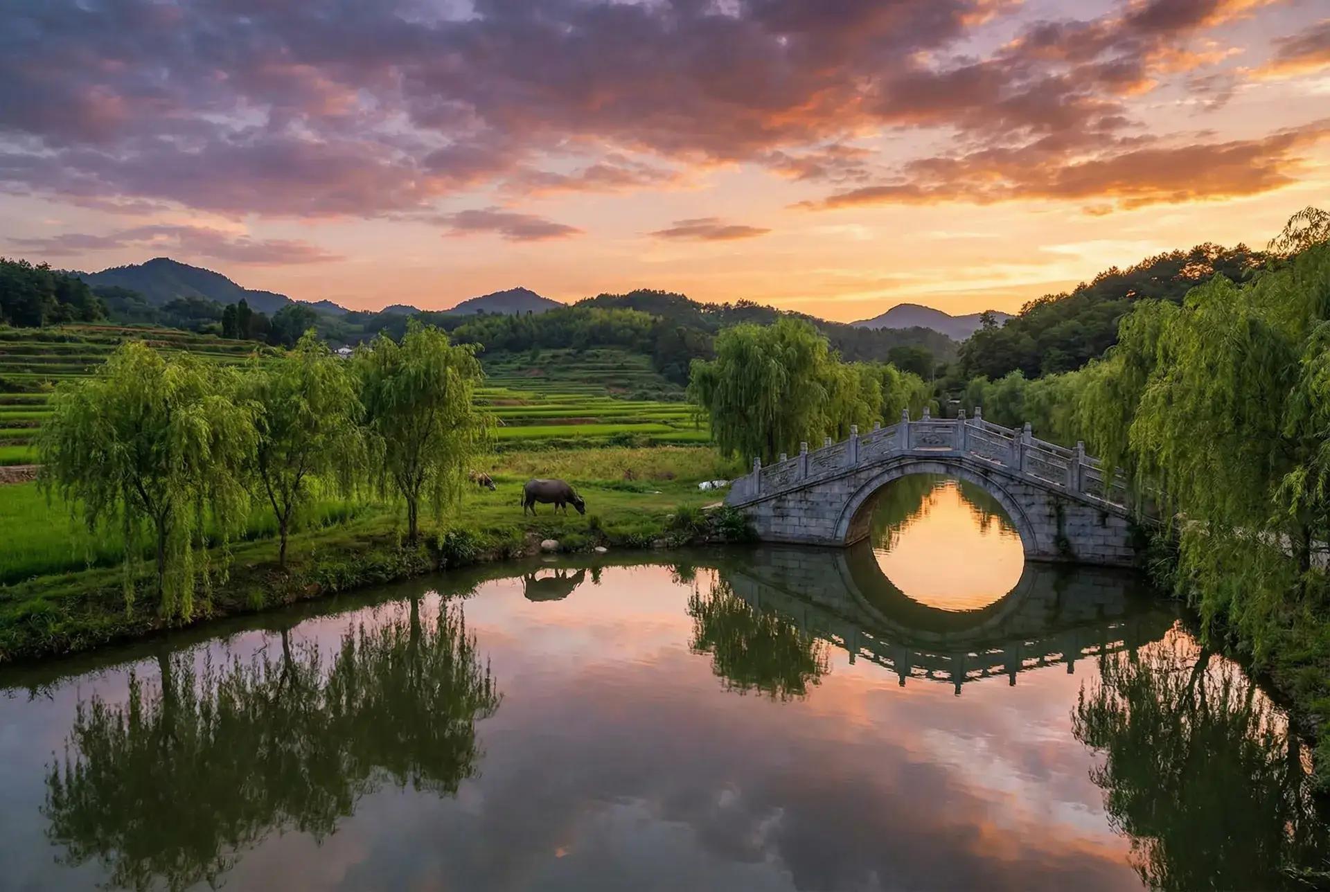 夕阳下的石拱桥与垂柳，水牛在河边吃草 - 沉香如屑芷昔是坏人吗 乡村美景